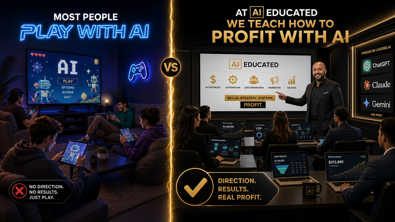 Most people play with AI — at AI Educated we teach how to profit with AI